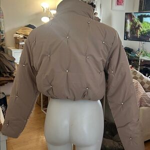 Cropped Tan Puffer Jacket with Diamond Studs